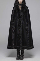 Black Fur Collar Slit Cloak Shape Sleeve Back Waist Lace Up Imitation Cashmere Long Women's Gothic Coat